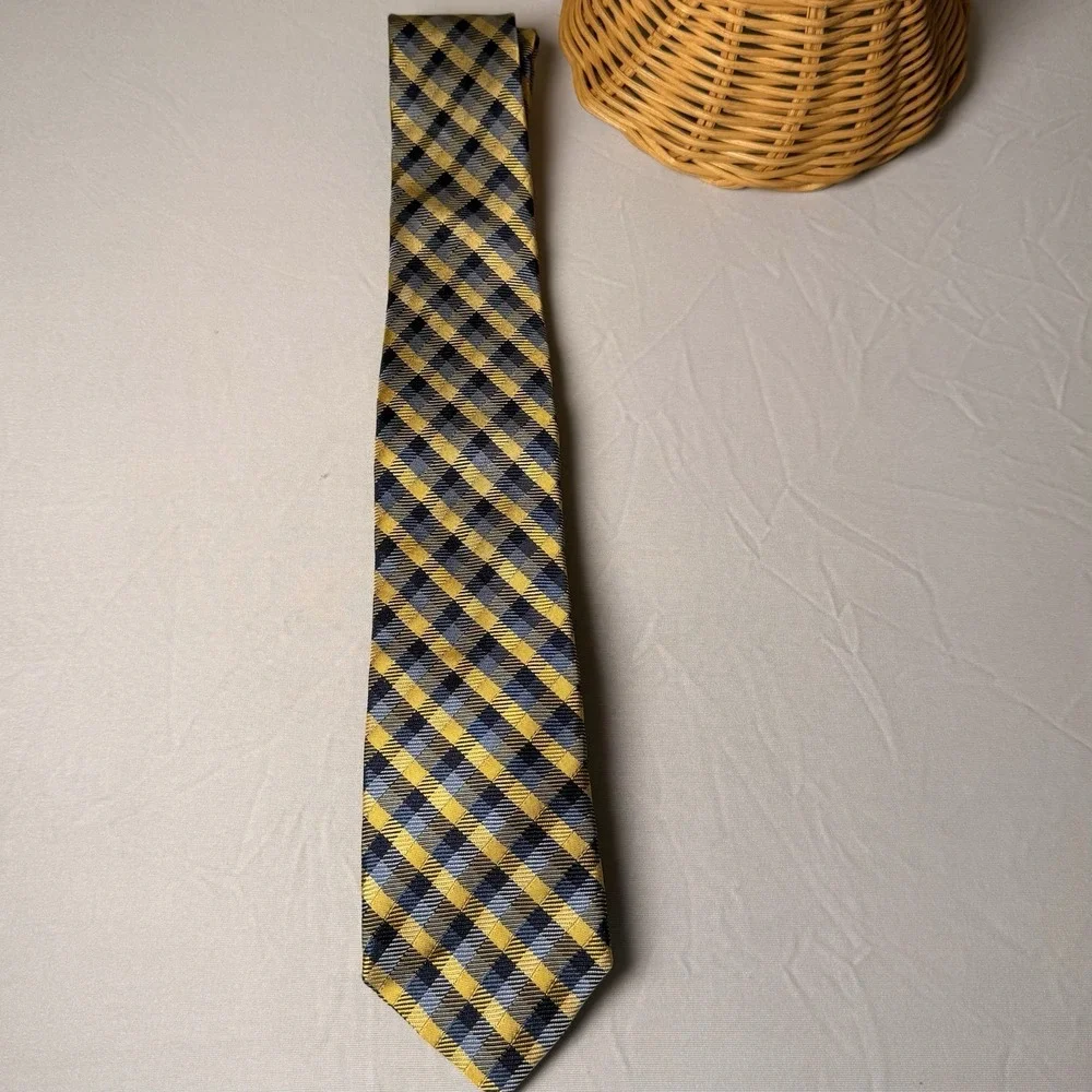 JHane Barnes Blue Yellow Woven Silk Plaid Tie Classic Preppy Colorful